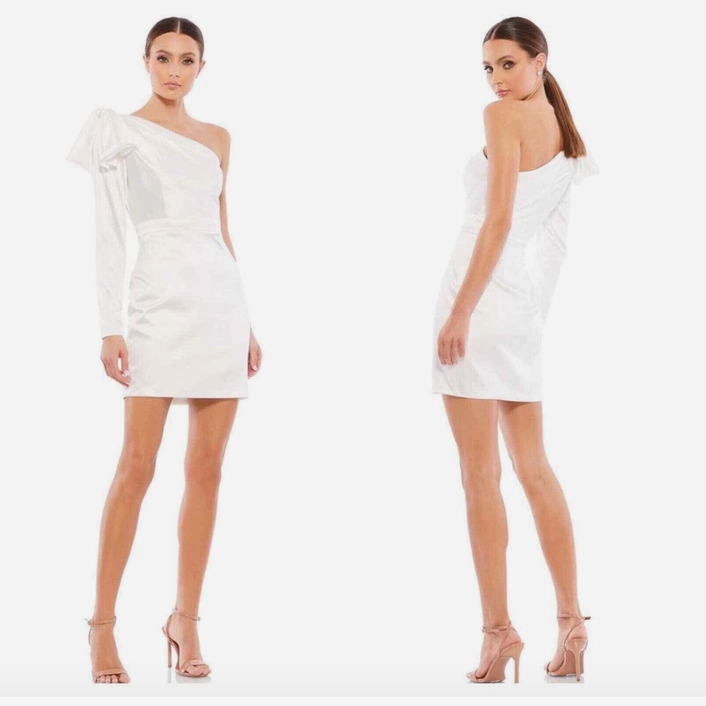 NEW $278 Mac Duggal White One Shoulder Long Sleeve Satin Mini Dress Size 4